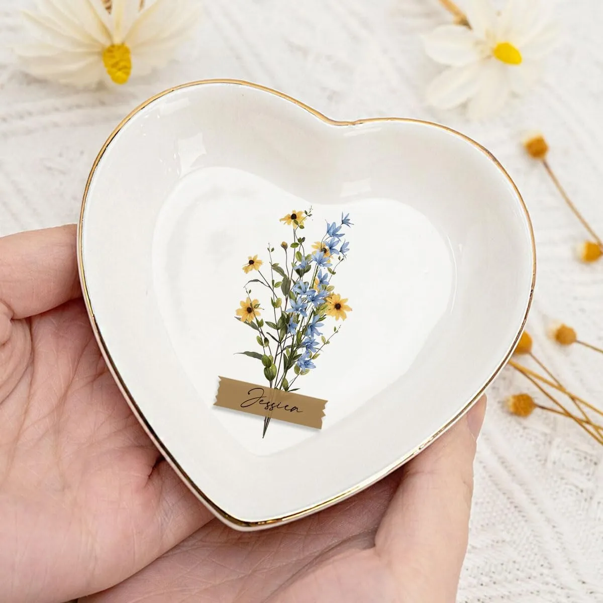 Personalized Heart Jewelry Dish Ring Ceramic Gifts - Jewelry Plate Ring Dish for Friend Bestie - Women Jewelry Tray Engagement Ring Tray Wedding Ring Holder Trinket Dish Flowers