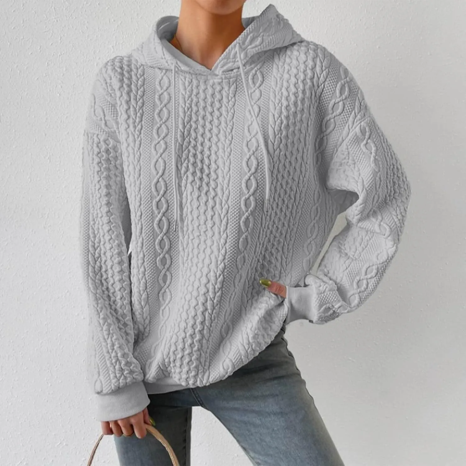 PETYCZEN Fall Sweatshirts for Women Casual Long Sleeve Lightweight Cable Knit Oversized Hoodie Drawstring Pullover Tops