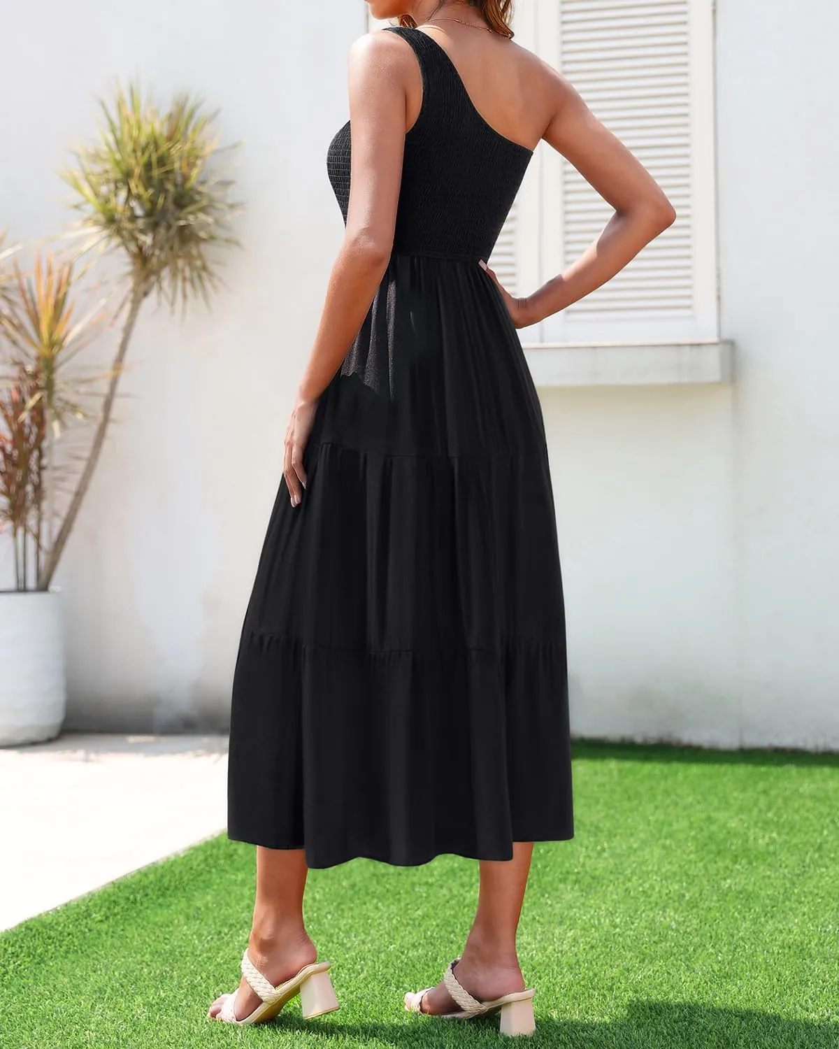 Pinup Fashion Women One Shoulder Sleeveless Casual Summer Smocked A Line Flowy Beach Boho Maxi Dress 2023