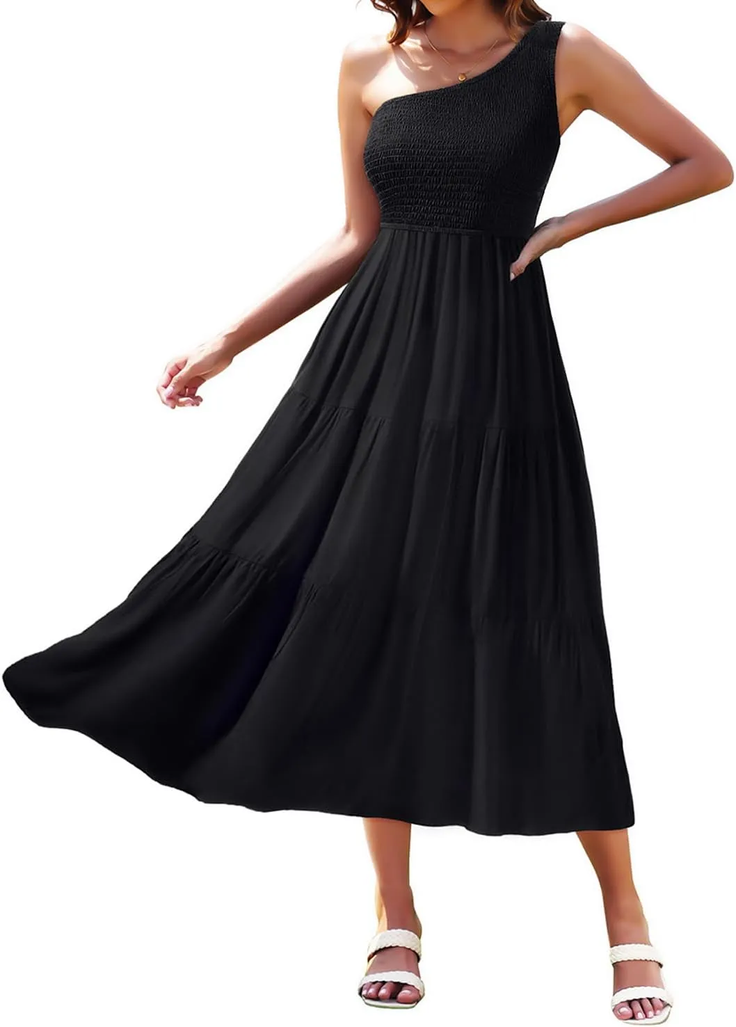 Pinup Fashion Women One Shoulder Sleeveless Casual Summer Smocked A Line Flowy Beach Boho Maxi Dress 2023