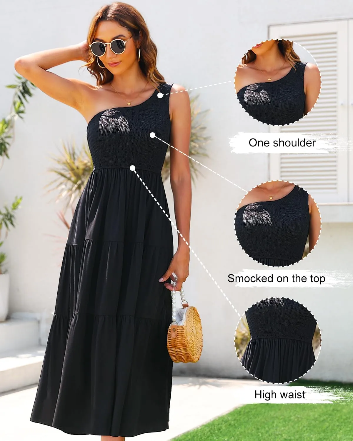 Pinup Fashion Women One Shoulder Sleeveless Casual Summer Smocked A Line Flowy Beach Boho Maxi Dress 2023