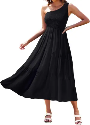 Pinup Fashion Women One Shoulder Sleeveless Casual Summer Smocked A Line Flowy Beach Boho Maxi Dress 2023