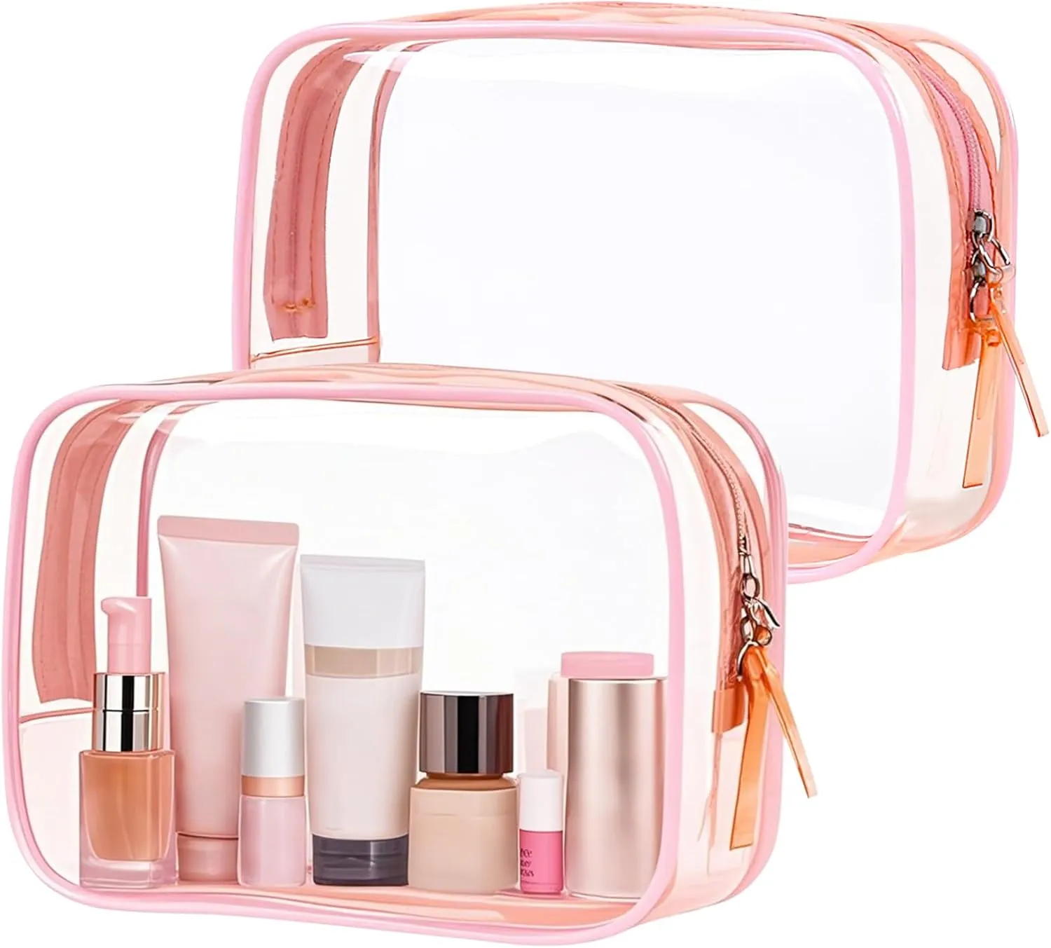 PLULON 2 Pack Travel Toiletry Bag, TSA Approved Toiletry Bag Clear Makeup Bag Quart Size Portable Cosmetic Bags Carry on Travel Accessories Bag for Women Men - Pink