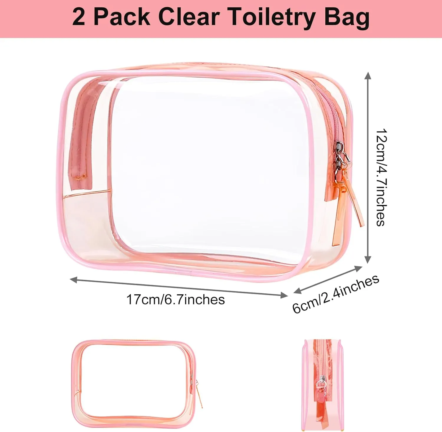 PLULON 2 Pack Travel Toiletry Bag, TSA Approved Toiletry Bag Clear Makeup Bag Quart Size Portable Cosmetic Bags Carry on Travel Accessories Bag for Women Men - Pink