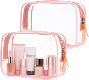 PLULON 2 Pack Travel Toiletry Bag, TSA Approved Toiletry Bag Clear Makeup Bag Quart Size Portable Cosmetic Bags Carry on Travel Accessories Bag for Women Men - Pink