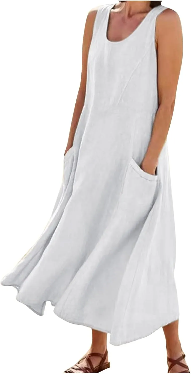 Plus Size Cotton Linen Maxi Summer Dresses for Curvy Women 2025 Sleeveless Vacation Beach Sundresses with Pockets