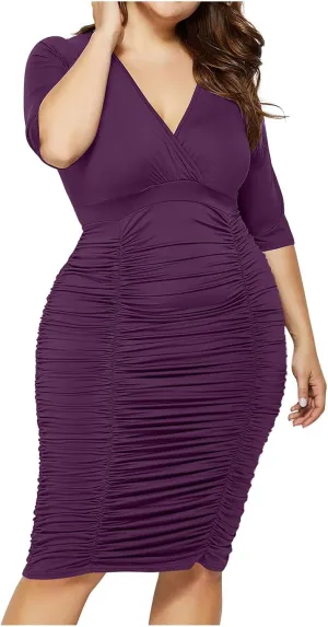 Plus Size Dresses for Curvy Women V-Neck Short Sleeves Ruched Bodycon Midi Dress Summer Beach Party Sundress