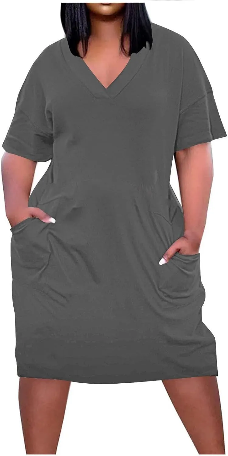 Plus Size V Neck Midi Dresses for Women Baggy V Neck T-Shirt Dress Solid Loose Fitting Sundress with Pokets