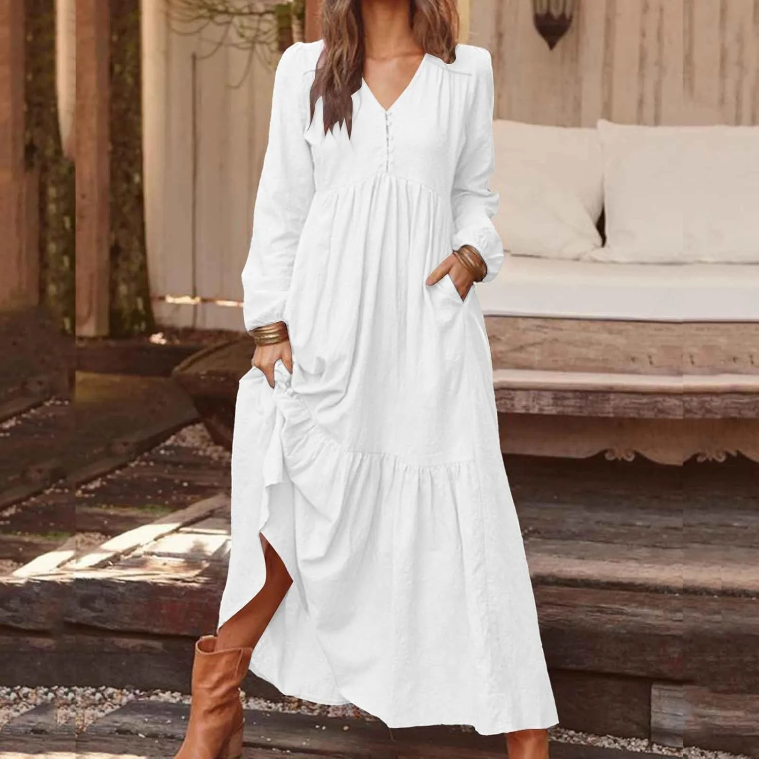 Plus Size Womens Dresses Long Sleeve V Neck 1/4 Button Tiered Ruffle Maxi Dress Trendy Spring Casual Linen Sundress