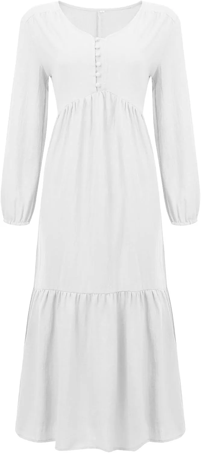 Plus Size Womens Dresses Long Sleeve V Neck 1/4 Button Tiered Ruffle Maxi Dress Trendy Spring Casual Linen Sundress