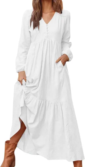Plus Size Womens Dresses Long Sleeve V Neck 1/4 Button Tiered Ruffle Maxi Dress Trendy Spring Casual Linen Sundress
