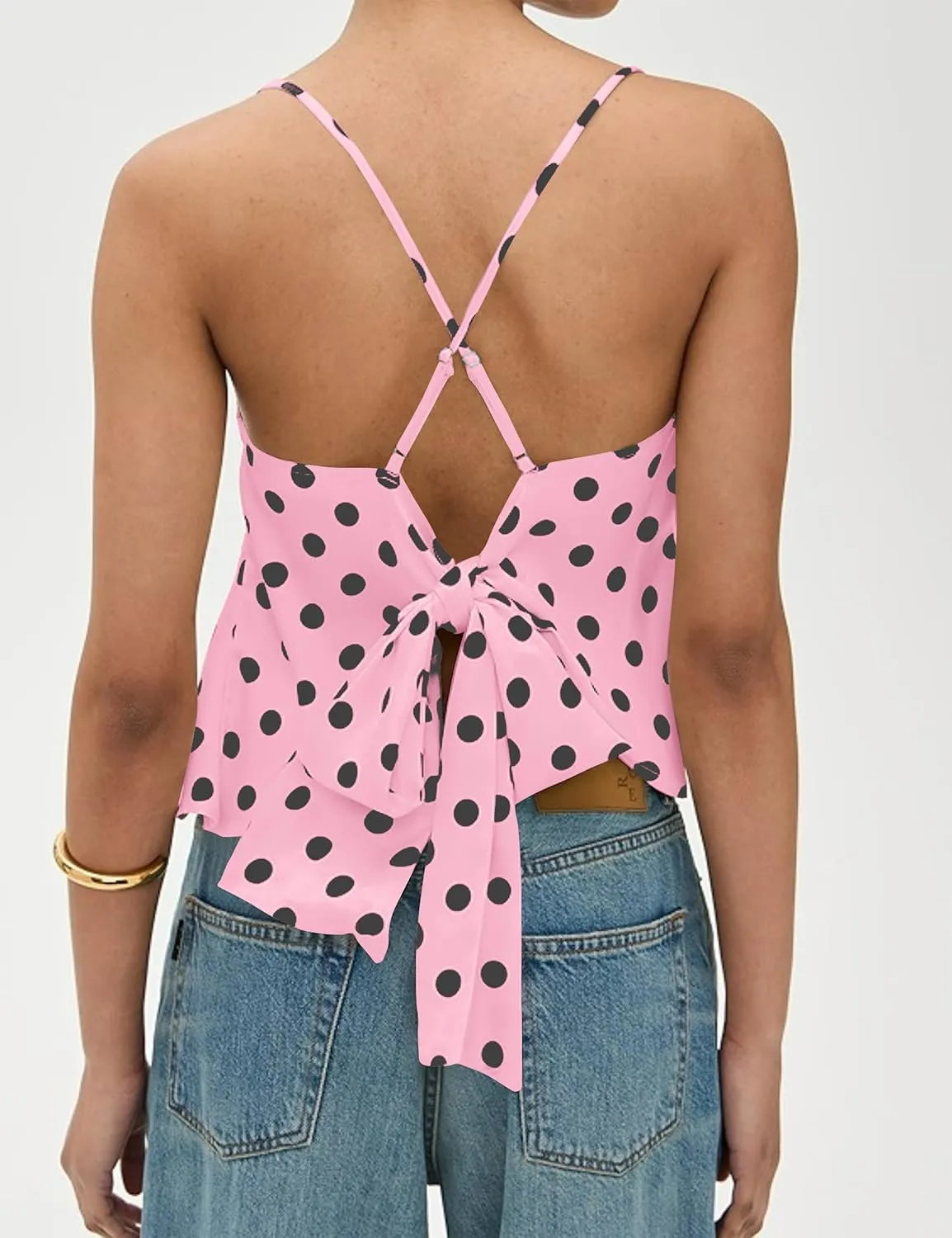 Polka Dot Satin Tank Top Women Cowl Neck Tie Back Sleeveless Camisole Tops Asymmetrical Ruffle Hem Shirts 2025