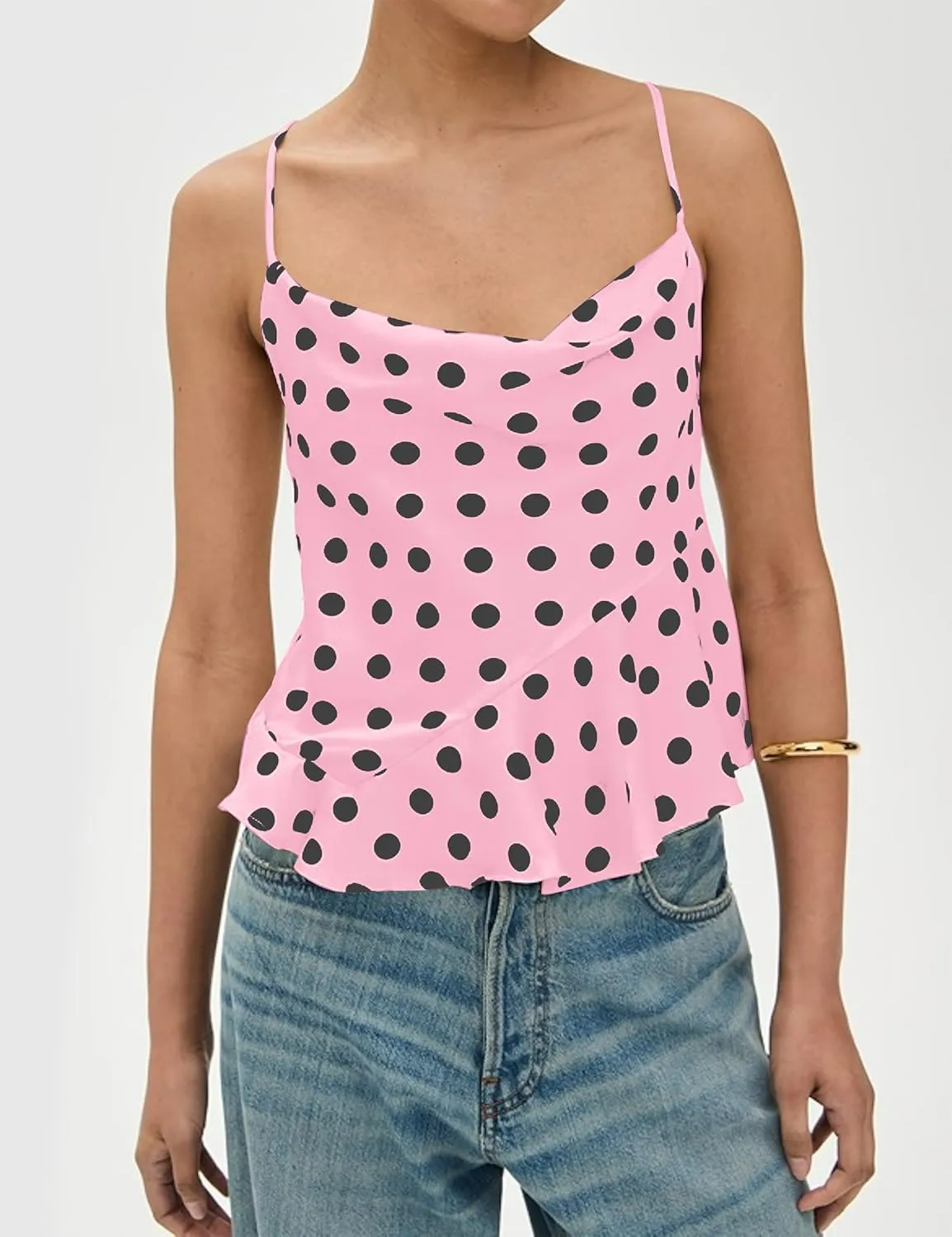 Polka Dot Satin Tank Top Women Cowl Neck Tie Back Sleeveless Camisole Tops Asymmetrical Ruffle Hem Shirts 2025