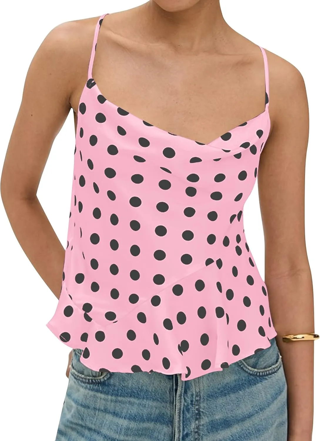 Polka Dot Satin Tank Top Women Cowl Neck Tie Back Sleeveless Camisole Tops Asymmetrical Ruffle Hem Shirts 2025