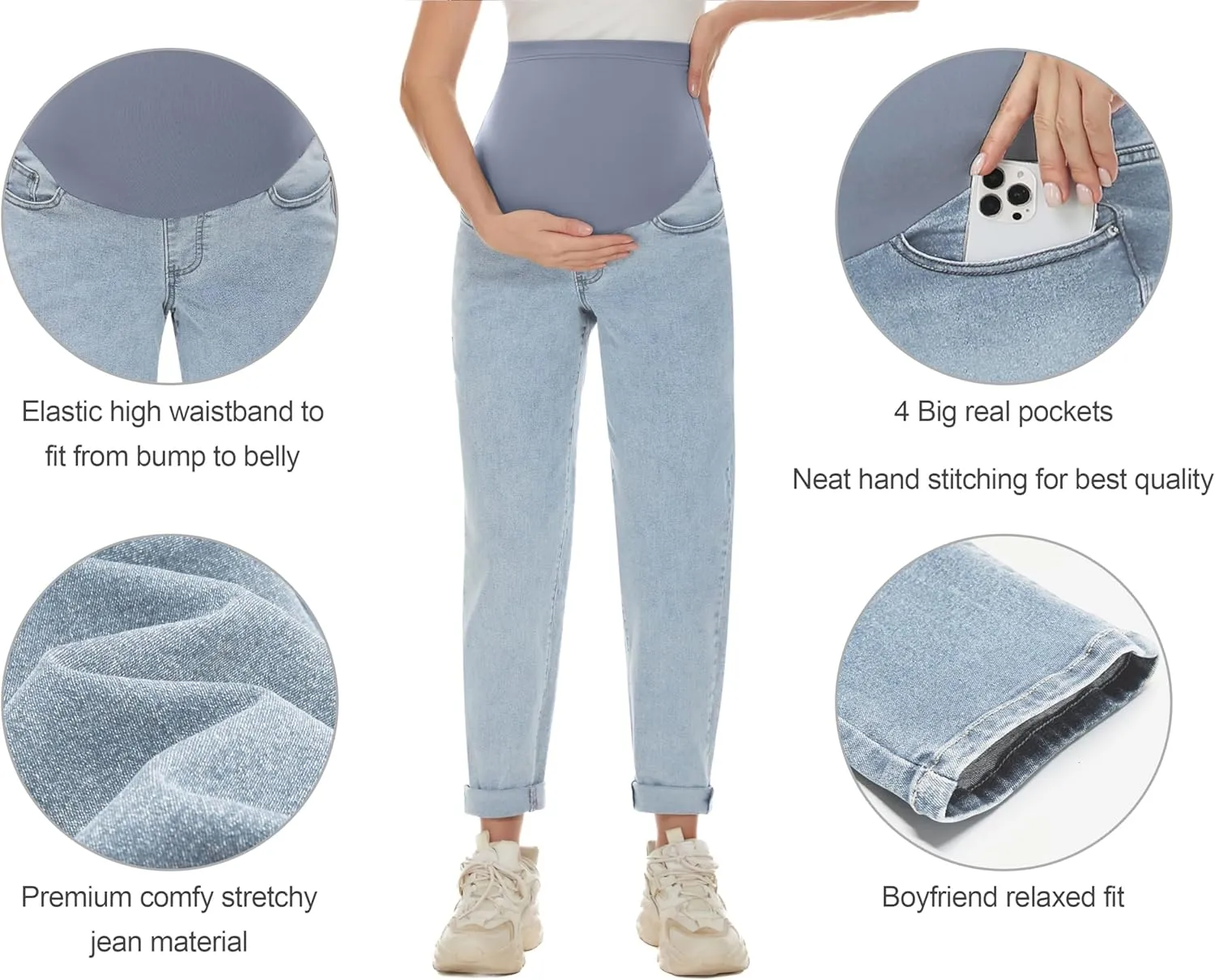 POSHGLAM Women's Maternity Jeans Over Belly Comfy Stretch Boyfriend Jeans Loose Pregnancy Pants, S-XXL