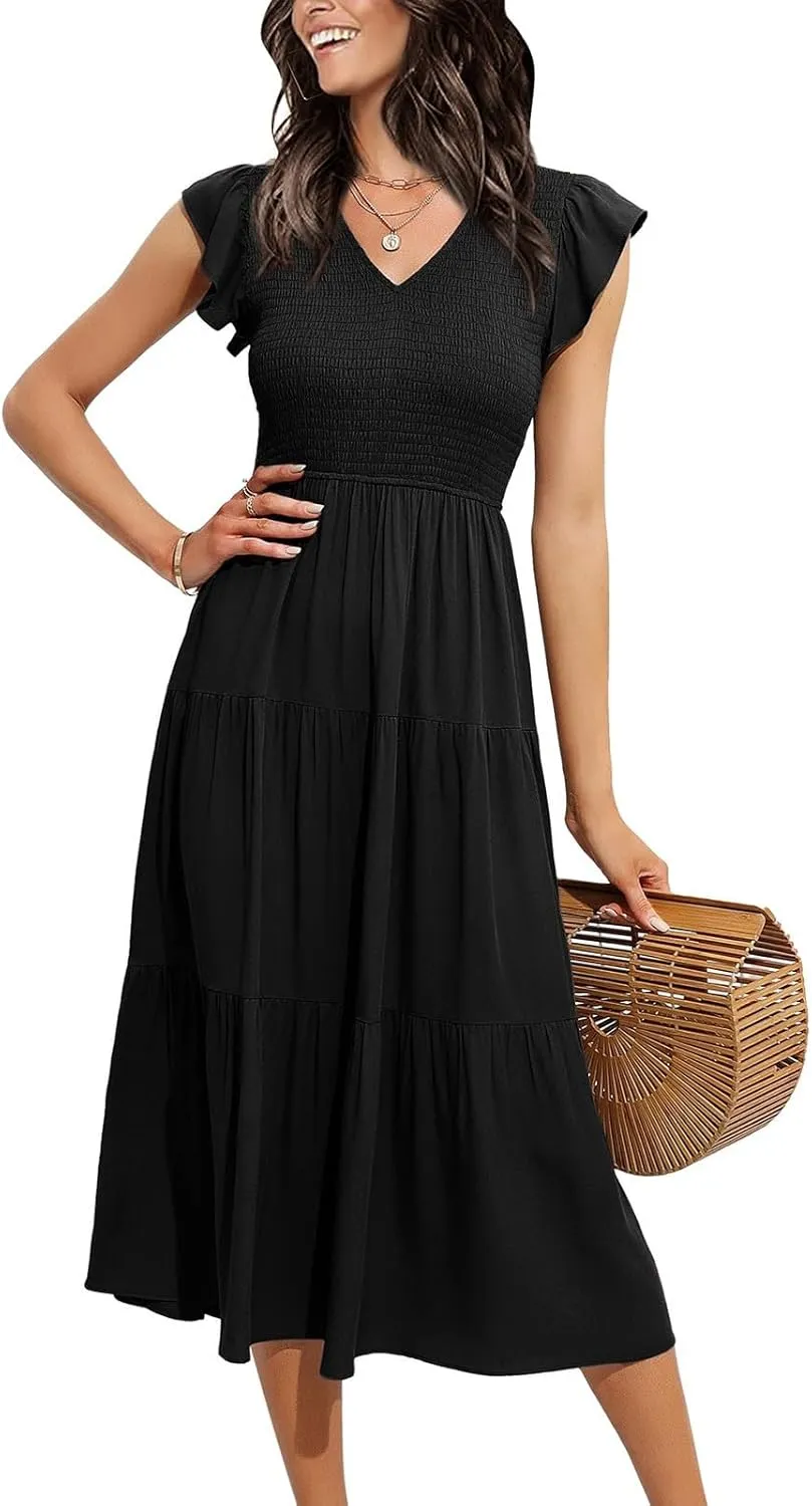 PTOLOCIF Flowy Dresses for Women, 2024 Summer Casual Boho Dresses Flutter Short Sleeve Crewneck Loose Tiered Beach Maxi Dress