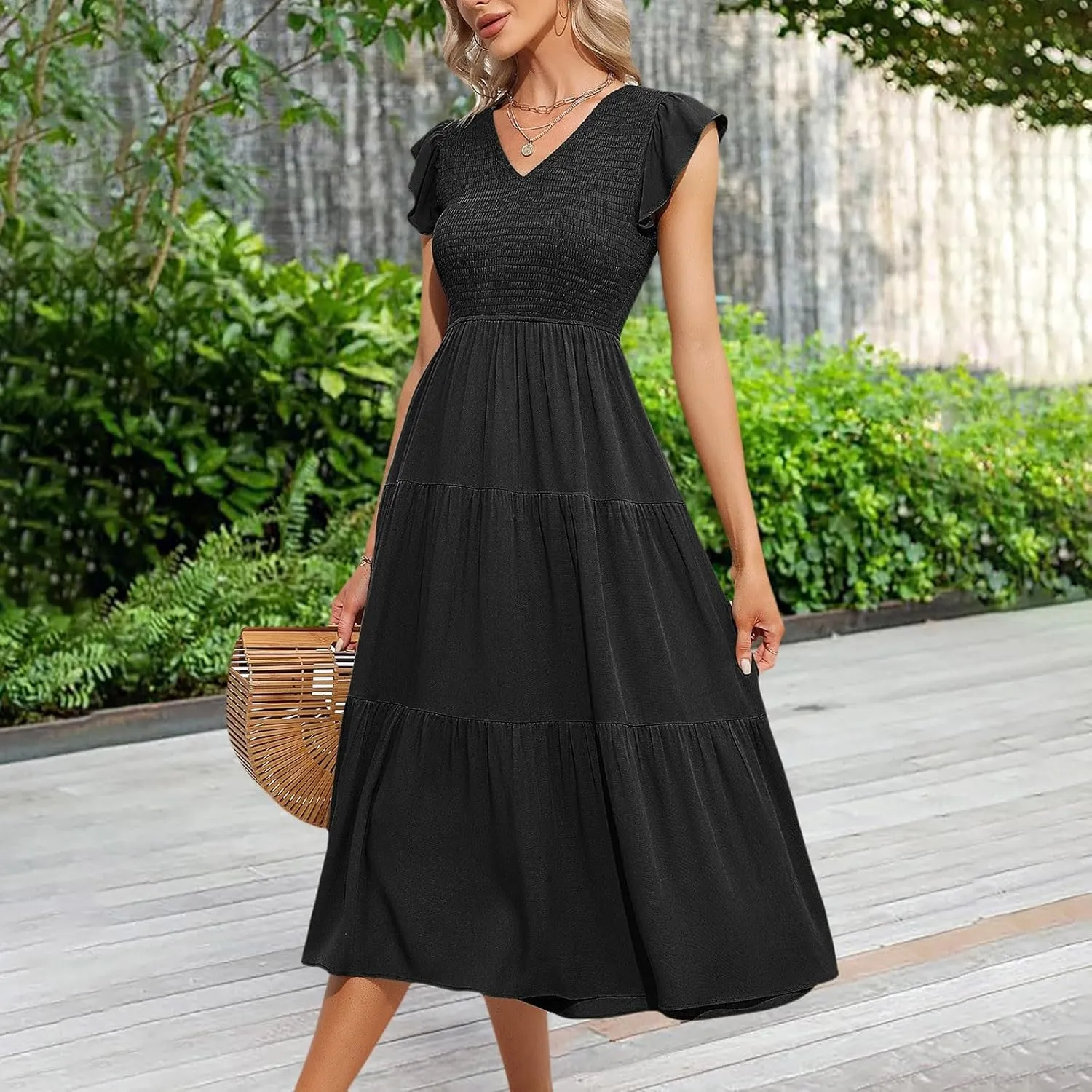 PTOLOCIF Flowy Dresses for Women, 2024 Summer Casual Boho Dresses Flutter Short Sleeve Crewneck Loose Tiered Beach Maxi Dress