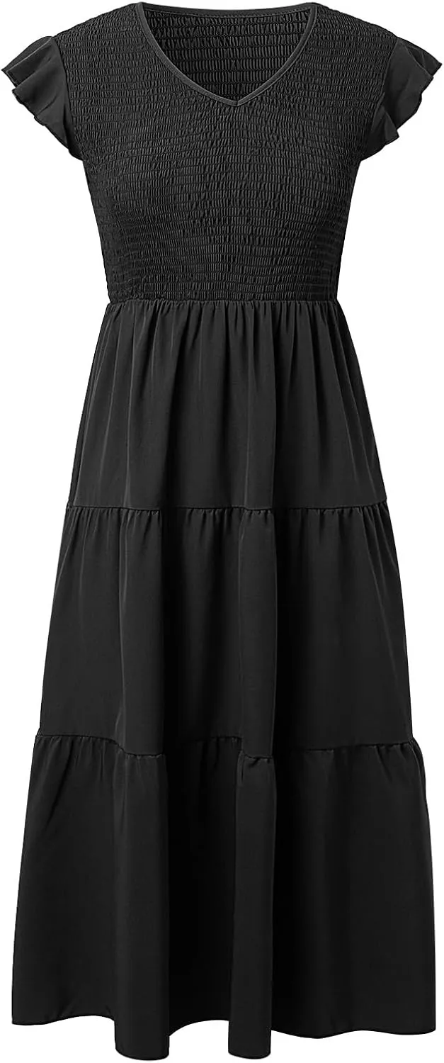 PTOLOCIF Flowy Dresses for Women, 2024 Summer Casual Boho Dresses Flutter Short Sleeve Crewneck Loose Tiered Beach Maxi Dress