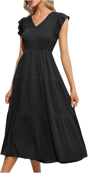 PTOLOCIF Flowy Dresses for Women, 2024 Summer Casual Boho Dresses Flutter Short Sleeve Crewneck Loose Tiered Beach Maxi Dress