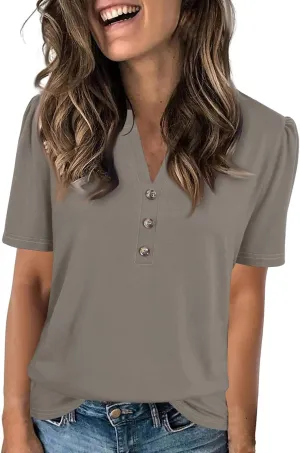 Puff Sleeve Tops for Women Summer Solid/Floral Printed Button V Neck Short Sleeve Top Casual Loose Going Out Blouse