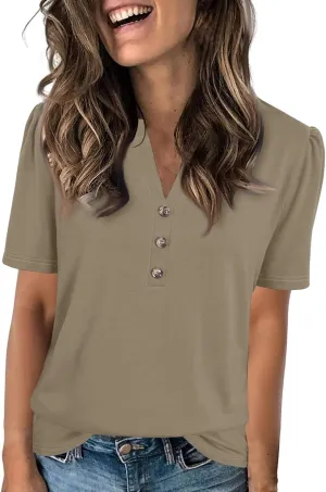 Puff Sleeve Tops for Women Summer Solid/Floral Printed Button V Neck Short Sleeve Top Casual Loose Going Out Blouse
