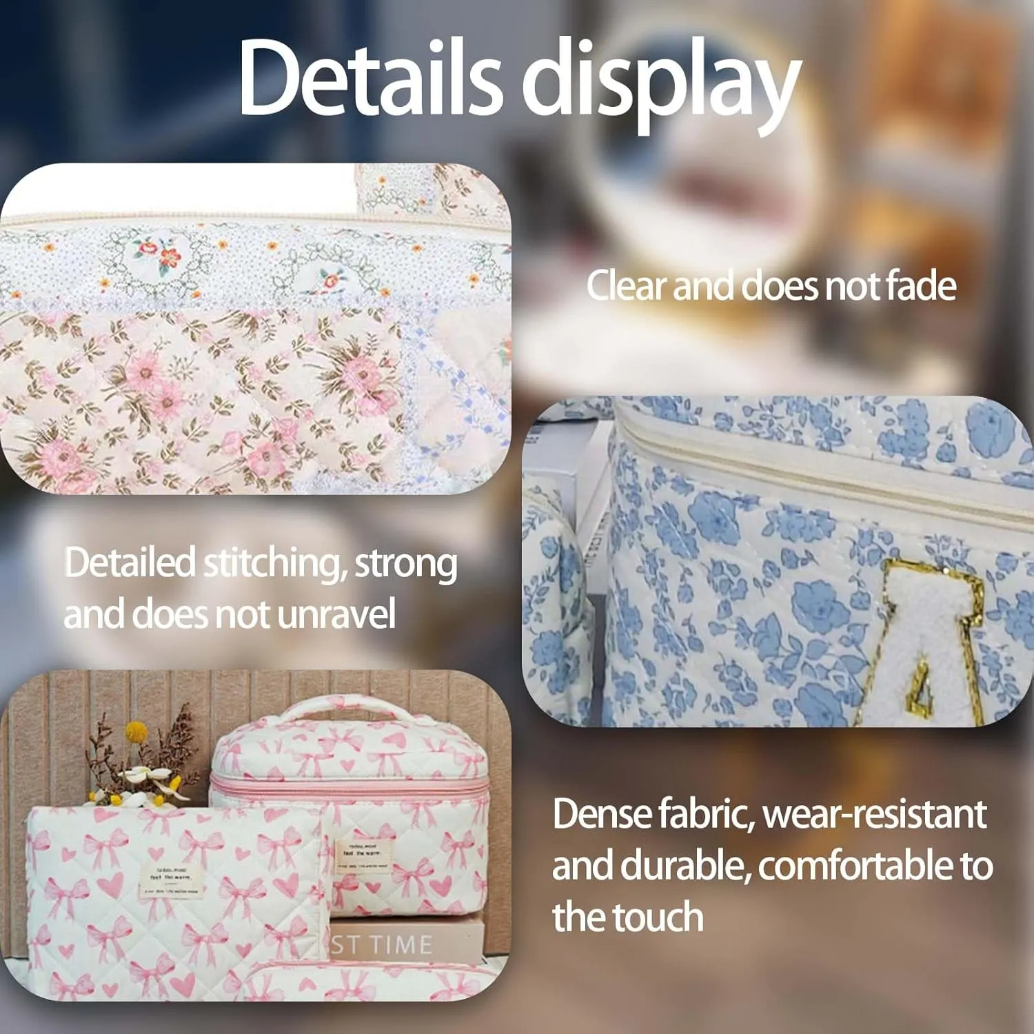 Quilted Makeup Bag Set - 3 PCS Cute Bear Cotton Makeup Bag,For Girls Women Travel Organizer Bathroom Toiletry Pouch Large Capacity Storage BagBrown