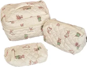Quilted Makeup Bag Set - 3 PCS Cute Bear Cotton Makeup Bag,For Girls Women Travel Organizer Bathroom Toiletry Pouch Large Capacity Storage BagBrown