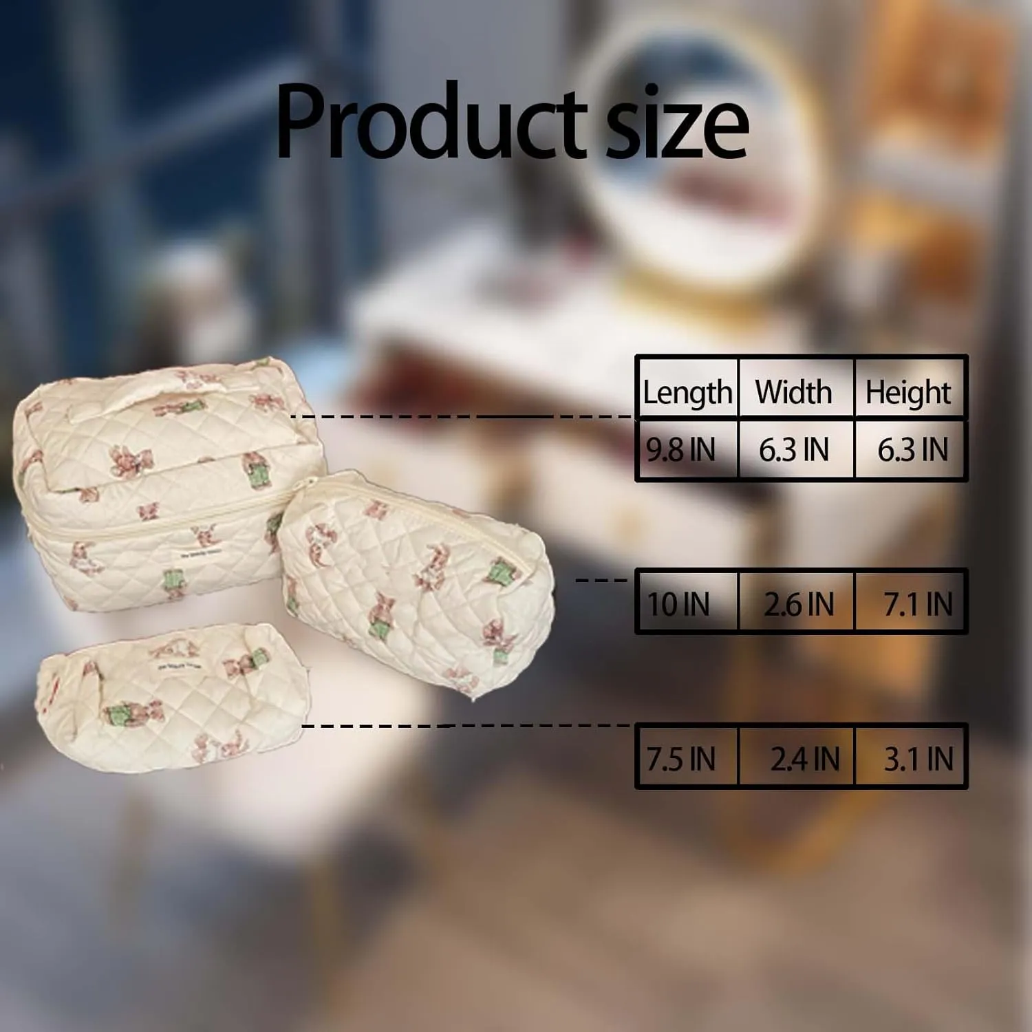Quilted Makeup Bag Set - 3 PCS Cute Bear Cotton Makeup Bag,For Girls Women Travel Organizer Bathroom Toiletry Pouch Large Capacity Storage BagBrown