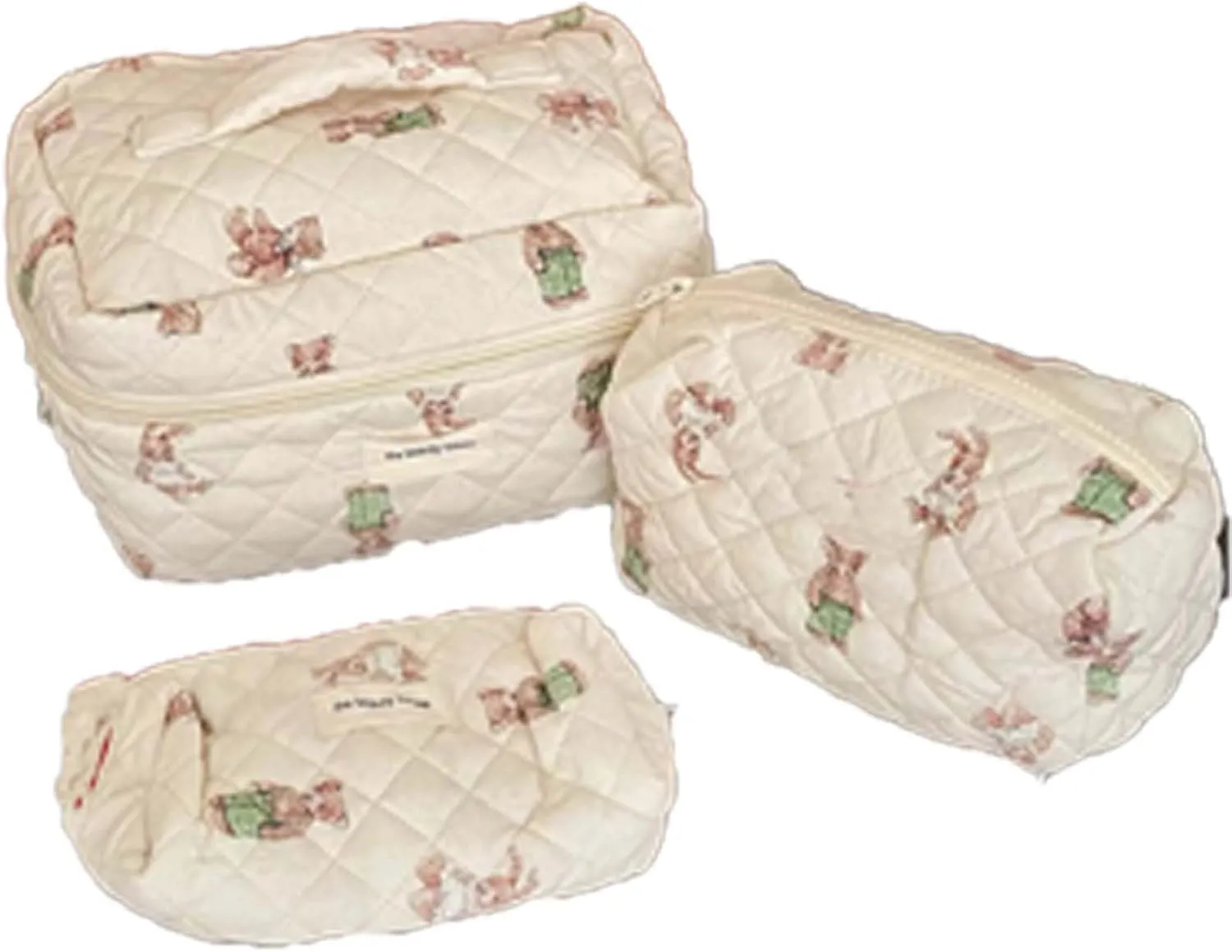 Quilted Makeup Bag Set - 3 PCS Cute Bear Cotton Makeup Bag,For Girls Women Travel Organizer Bathroom Toiletry Pouch Large Capacity Storage BagBrown