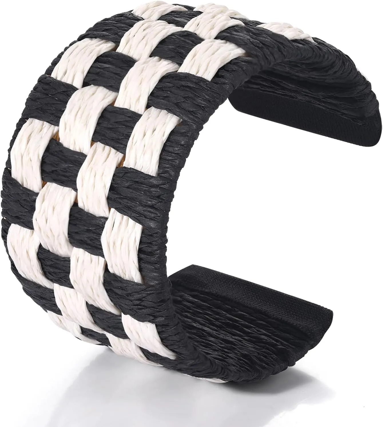 Raffia Bracelets Wide Cuff Bracelet Gold Chunky Bangles Bracelets for Women Handmade Natural Raffia Woven Cuff Bangle Bracelet Statement Boho Chunky Bracelets Summer Wrist Jewelry (Raffia-Black)