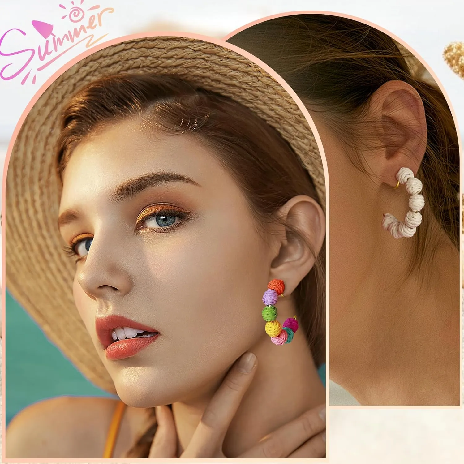 Raffia Hoop Cilp on Earrings for Women Boho Colorful Rainbow Beaded Cilp on Earrings Bohemian Statement Rattan Cilp on Earrings Jewelry for Summer