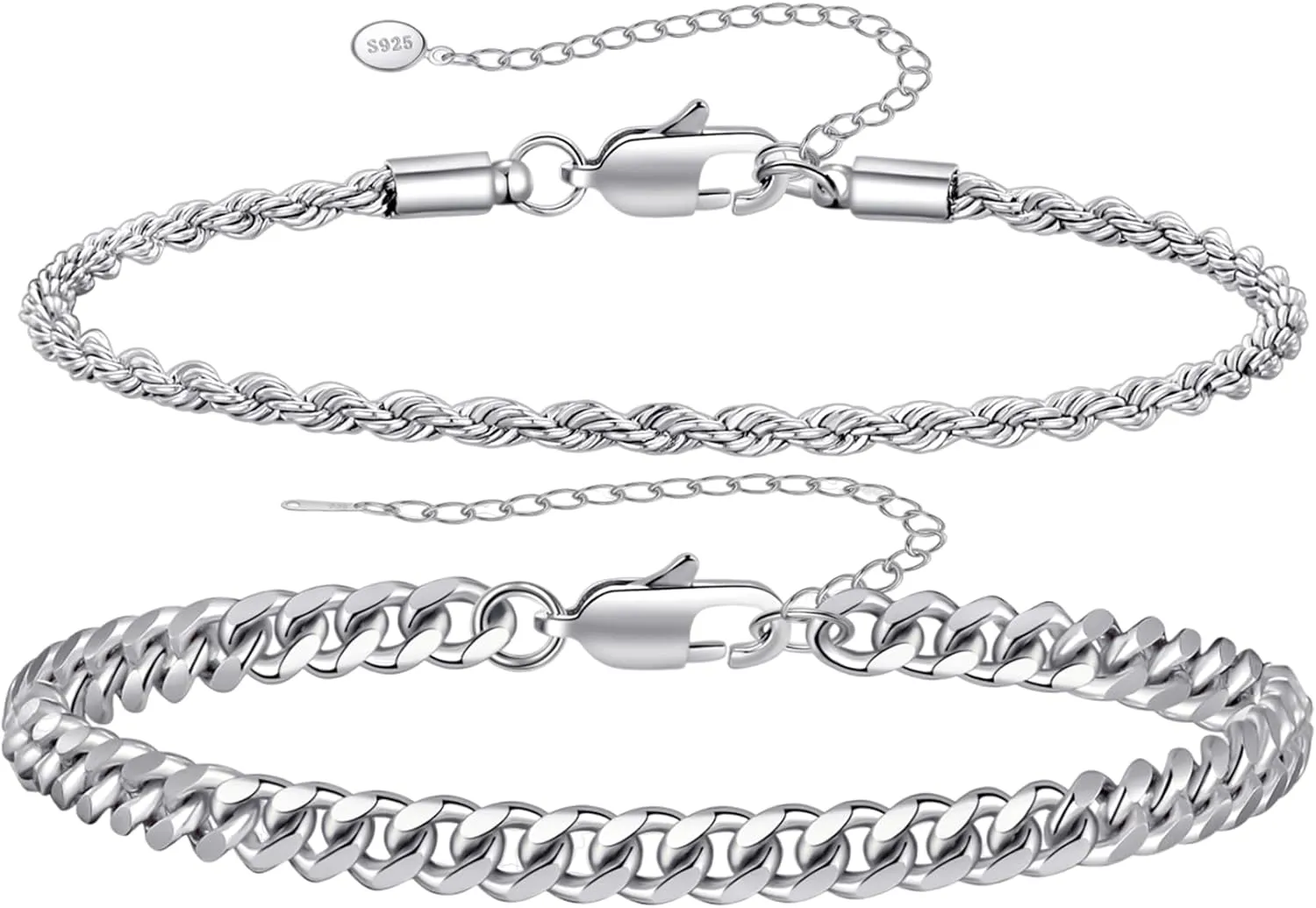 RANKEEF 2 Pcs Chain Bracelet for Men - 925 Sterling Silver 7-9inch Figaro Rope Cuban Link Bracelet Set - Gifts for Dad, Husband, Boyfriend