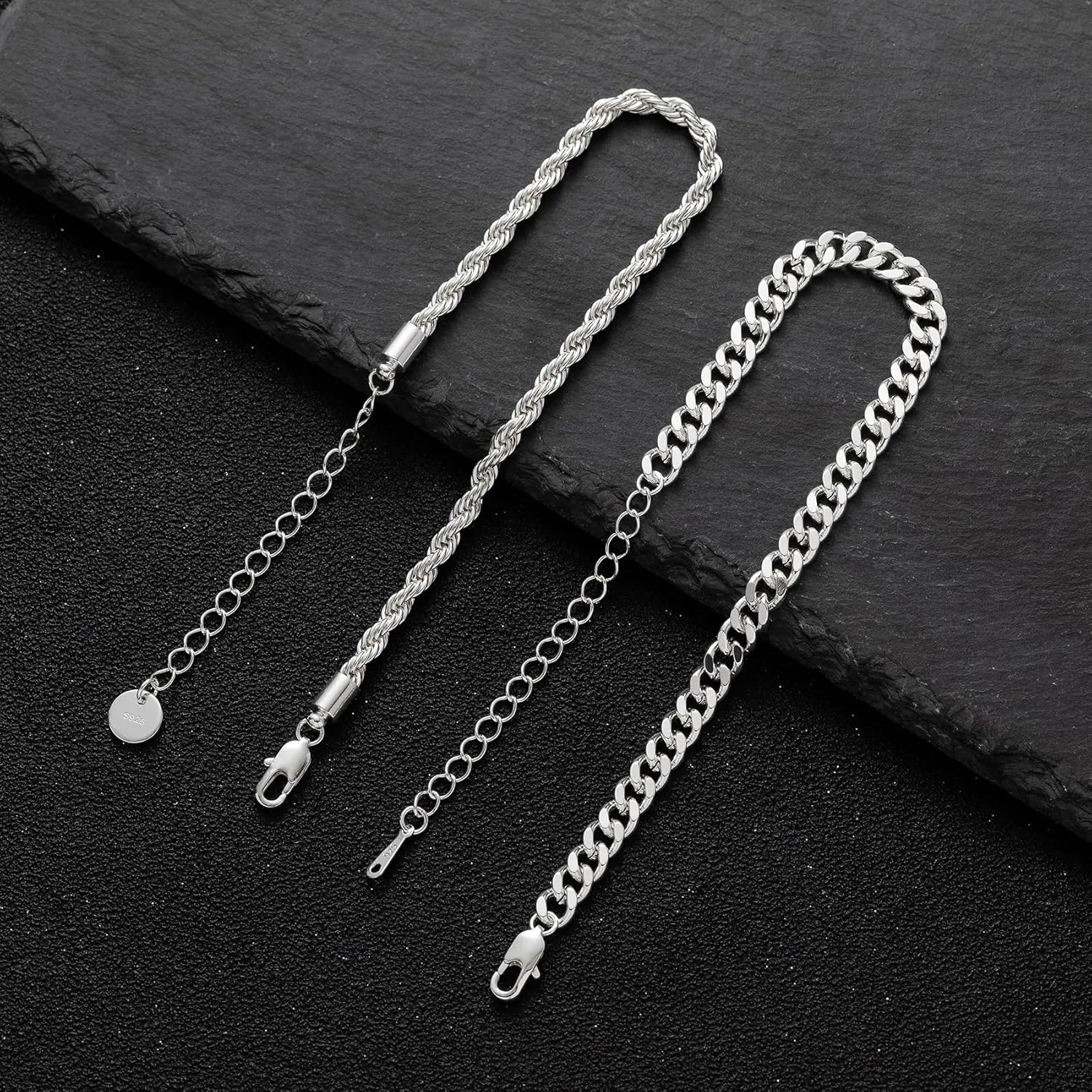 RANKEEF 2 Pcs Chain Bracelet for Men - 925 Sterling Silver 7-9inch Figaro Rope Cuban Link Bracelet Set - Gifts for Dad, Husband, Boyfriend