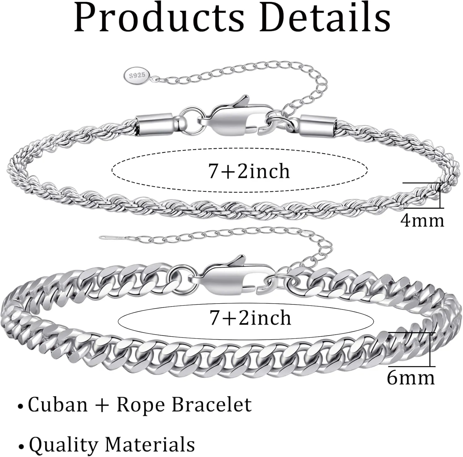 RANKEEF 2 Pcs Chain Bracelet for Men - 925 Sterling Silver 7-9inch Figaro Rope Cuban Link Bracelet Set - Gifts for Dad, Husband, Boyfriend