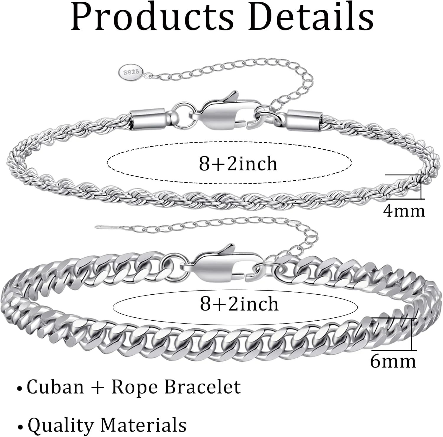 RANKEEF 2 Pcs Chain Bracelet for Men - 925 Sterling Silver 7-9inch Figaro Rope Cuban Link Bracelet Set - Gifts for Dad, Husband, Boyfriend