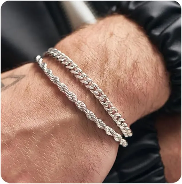 RANKEEF 2 Pcs Chain Bracelet for Men - 925 Sterling Silver 7-9inch Figaro Rope Cuban Link Bracelet Set - Gifts for Dad, Husband, Boyfriend