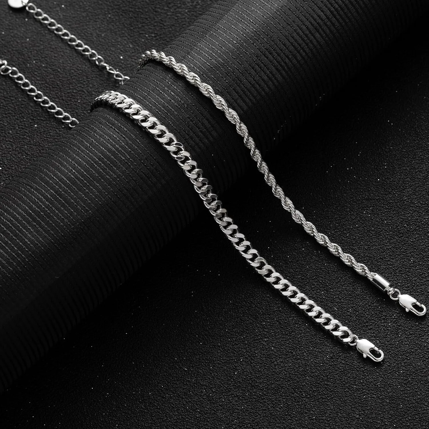 RANKEEF 2 Pcs Chain Bracelet for Men - 925 Sterling Silver 7-9inch Figaro Rope Cuban Link Bracelet Set - Gifts for Dad, Husband, Boyfriend