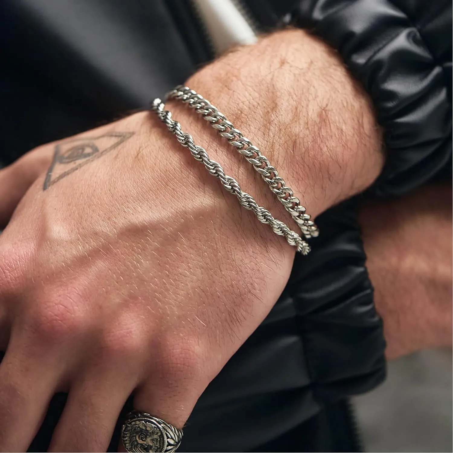 RANKEEF 2 Pcs Chain Bracelet for Men - 925 Sterling Silver 7-9inch Figaro Rope Cuban Link Bracelet Set - Gifts for Dad, Husband, Boyfriend