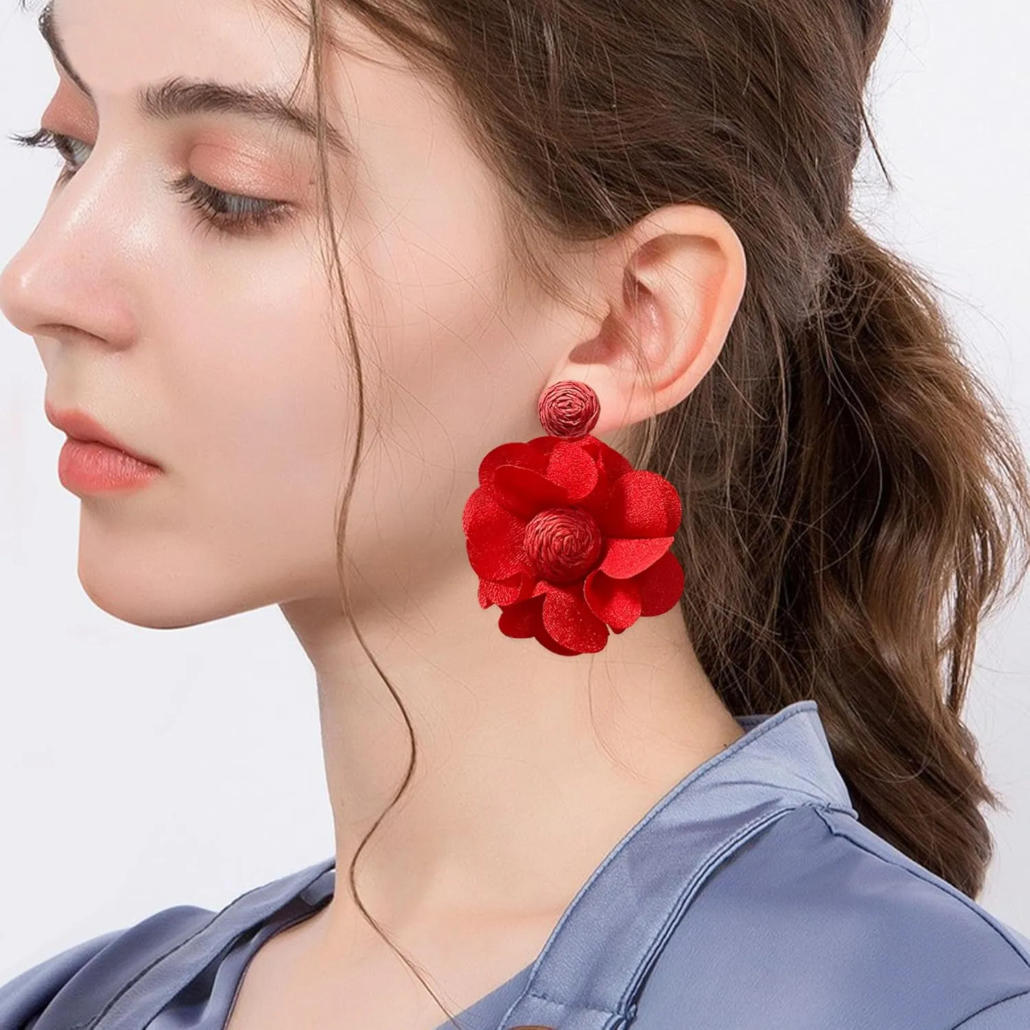 Rattan Earrings Summer Boho Handwoven Big Fabric Chiffon Rattan Flower Drop Earrings Statement Tropical Beach Vacation Jewelry