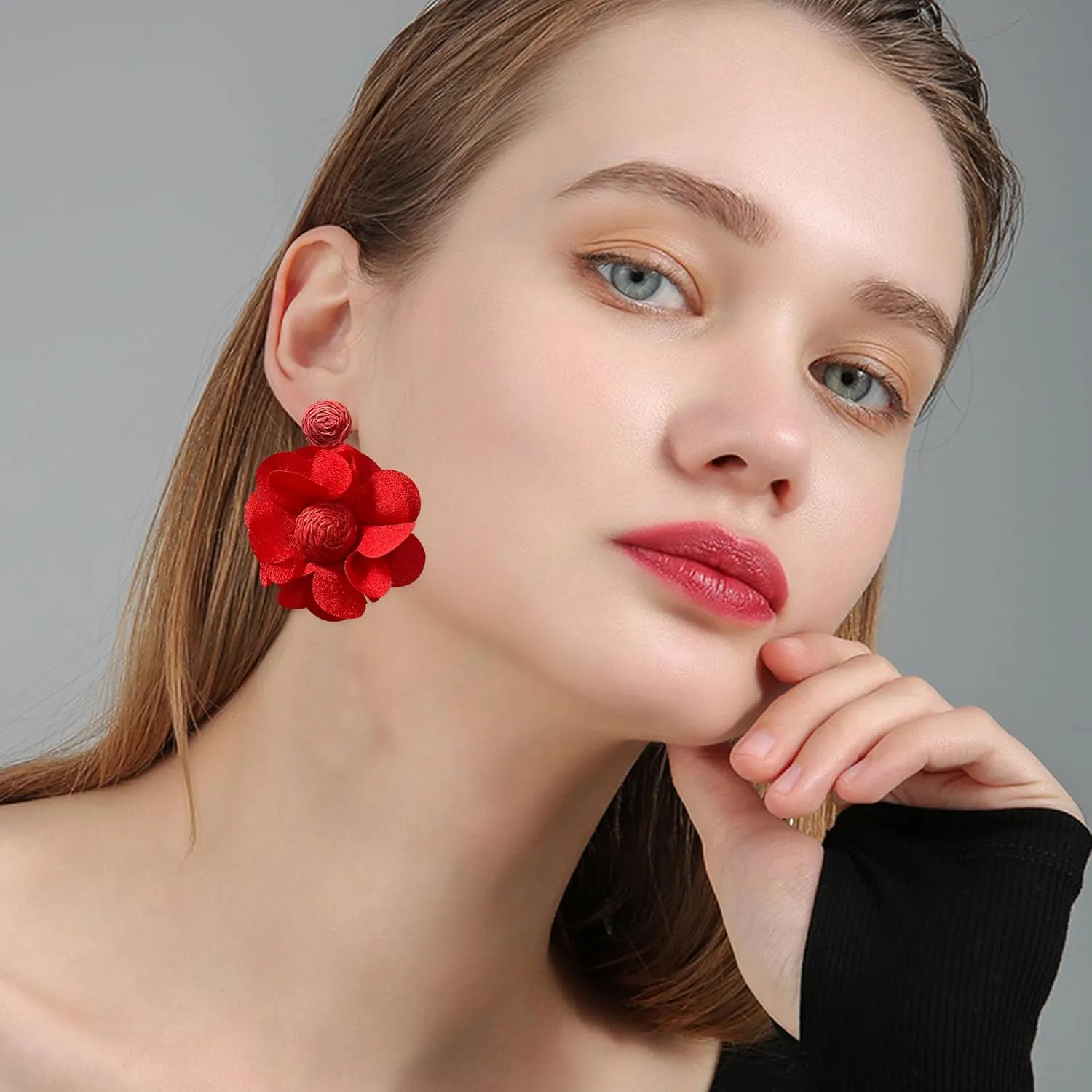 Rattan Earrings Summer Boho Handwoven Big Fabric Chiffon Rattan Flower Drop Earrings Statement Tropical Beach Vacation Jewelry