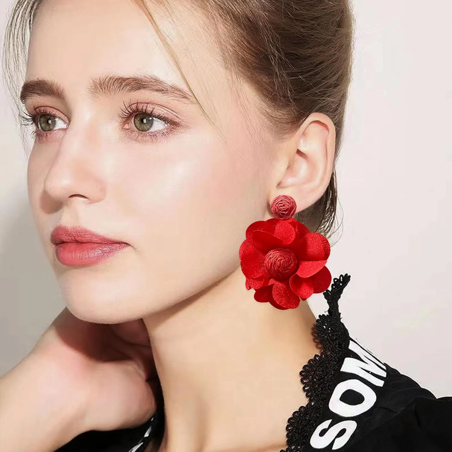 Rattan Earrings Summer Boho Handwoven Big Fabric Chiffon Rattan Flower Drop Earrings Statement Tropical Beach Vacation Jewelry