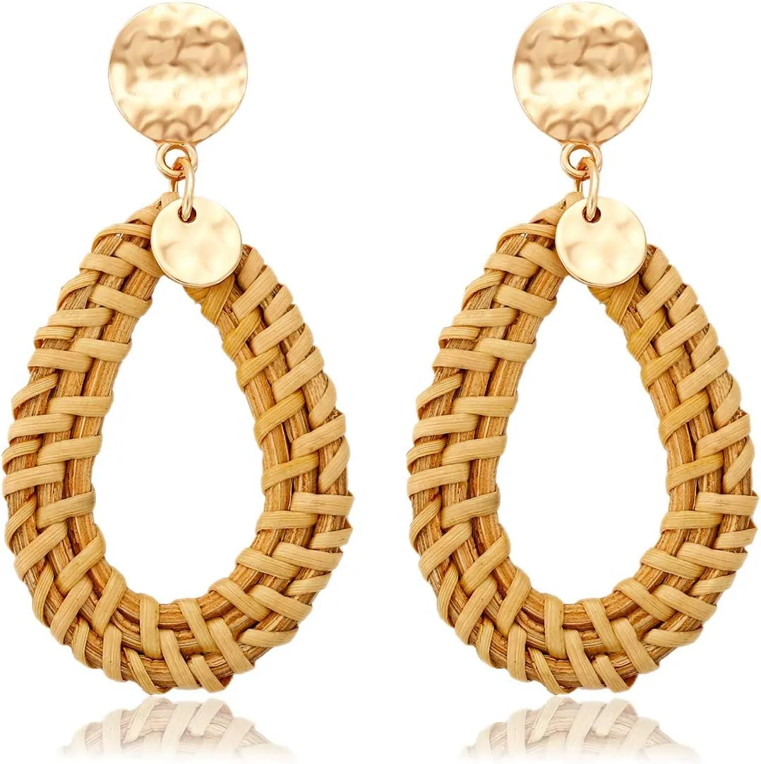 Rattan Hoop Earrings Woven Handmade Straw Circle Drop Earrings Hammered Disc Stud Wicker Bohemian Lightweight Earrings for Women