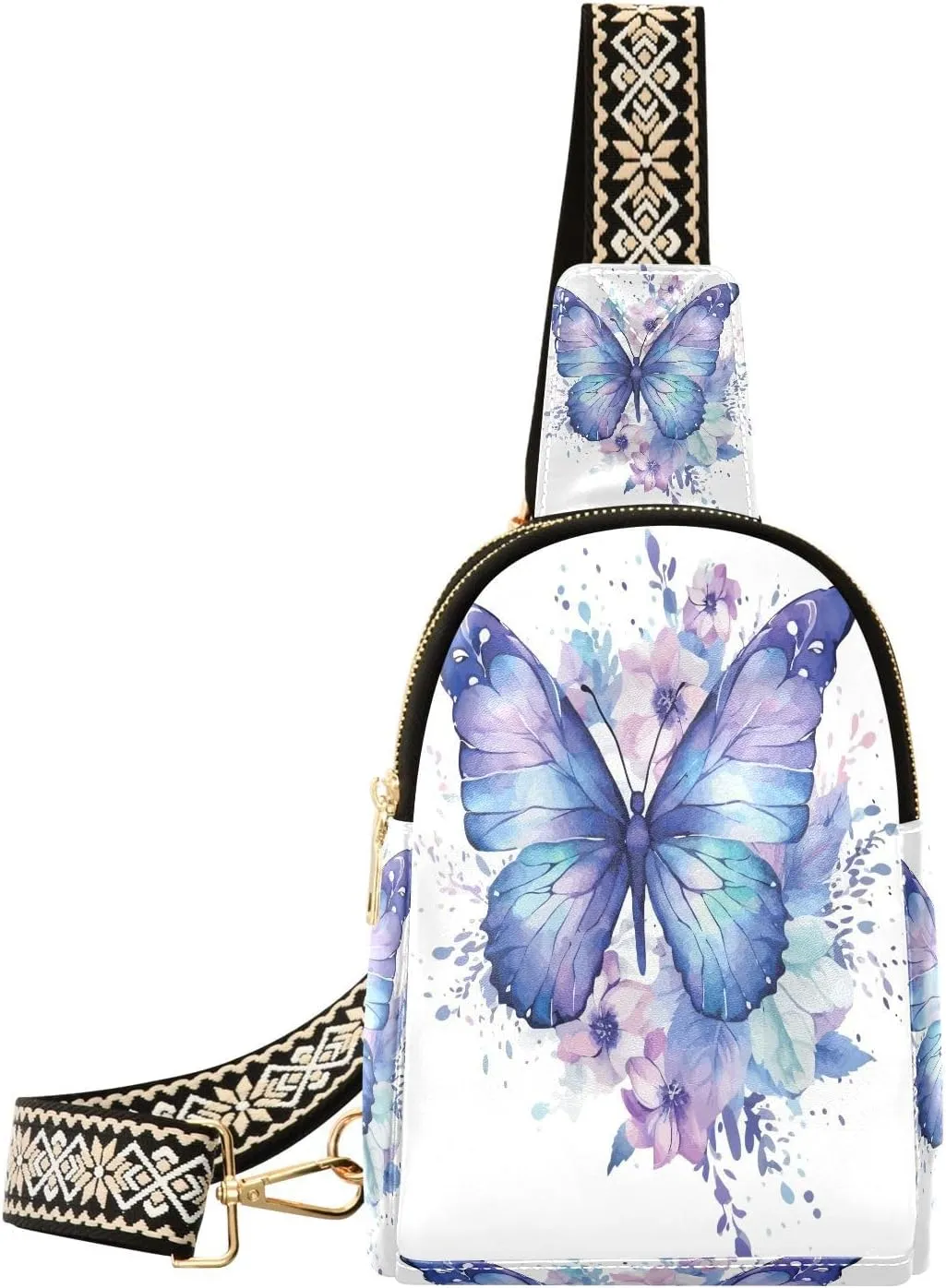 Retro Blue Butterfly Fanny Pack Crossbody PC Leather Small Sling Bag for Women Watercolor Fashion Waist Packs Chest Bag for Travel Sports Running Hiking