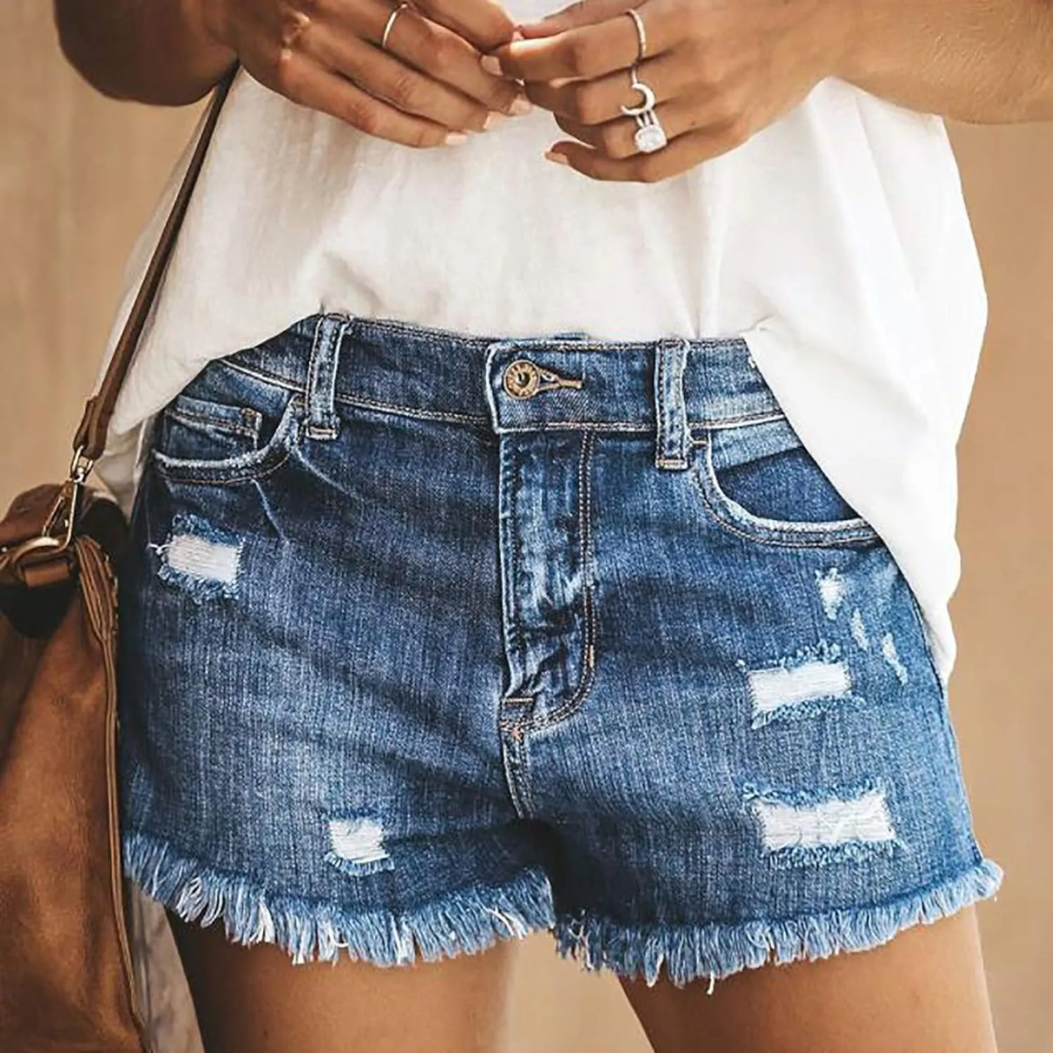 Ripped Jean Shorts Women High Waisted Summer Wide Straight Leg Denim Short Pants Relaxed Fit Shorts with Pockets