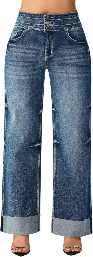 roswear Women's High Waisted Stretchy Wide Leg Jeans Cuffed Baggy Jeans Loose Denim Pants