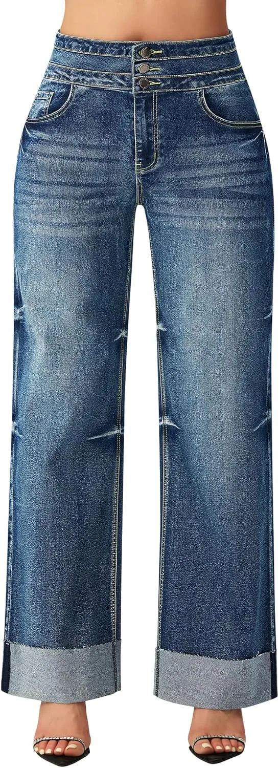 roswear Women's High Waisted Stretchy Wide Leg Jeans Cuffed Baggy Jeans Loose Denim Pants