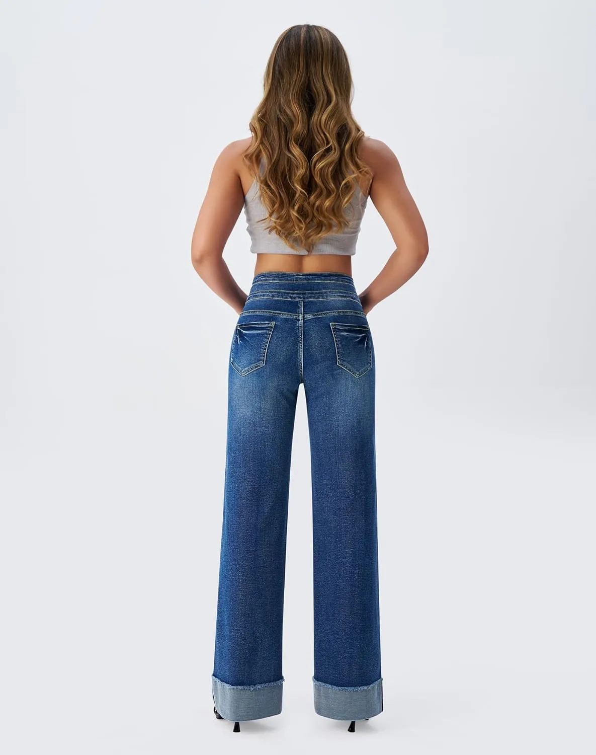 roswear Women's High Waisted Stretchy Wide Leg Jeans Cuffed Baggy Jeans Loose Denim Pants