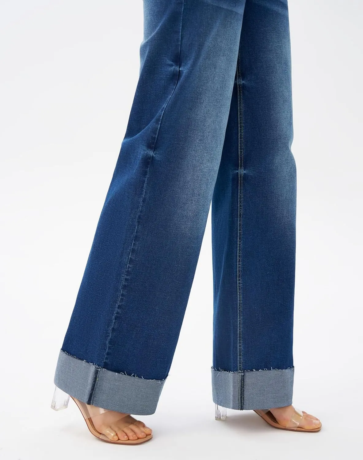 roswear Women's High Waisted Stretchy Wide Leg Jeans Cuffed Baggy Jeans Loose Denim Pants