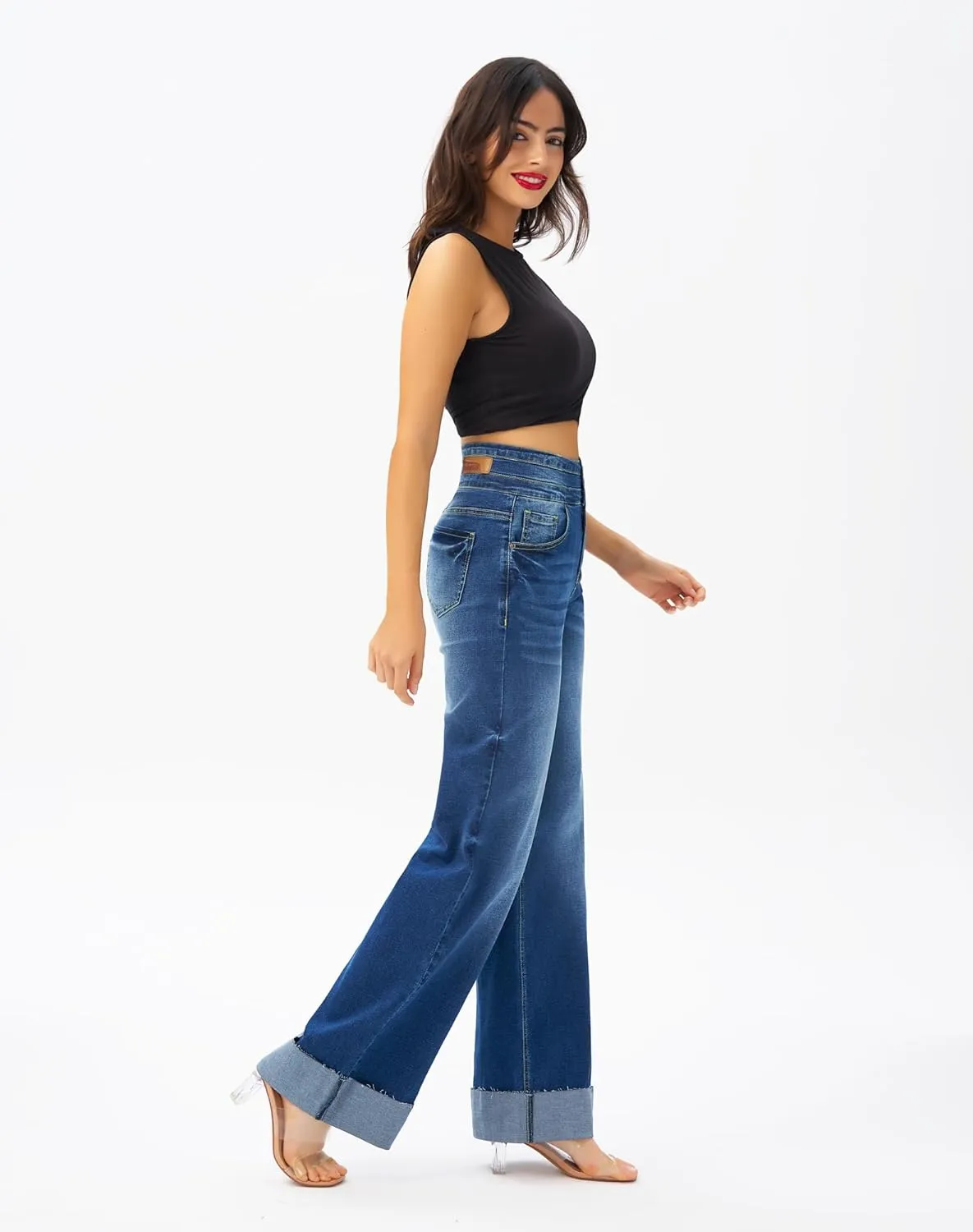roswear Women's High Waisted Stretchy Wide Leg Jeans Cuffed Baggy Jeans Loose Denim Pants
