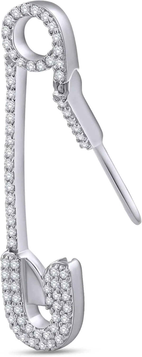 Round Shape White Cubic Zirconia Safety Pin SINGLE Dangle Earring in 14K Gold Over Sterling Silver Jewelry for Women, Gift for,womens jewelry, Gift Jewelry Christmas